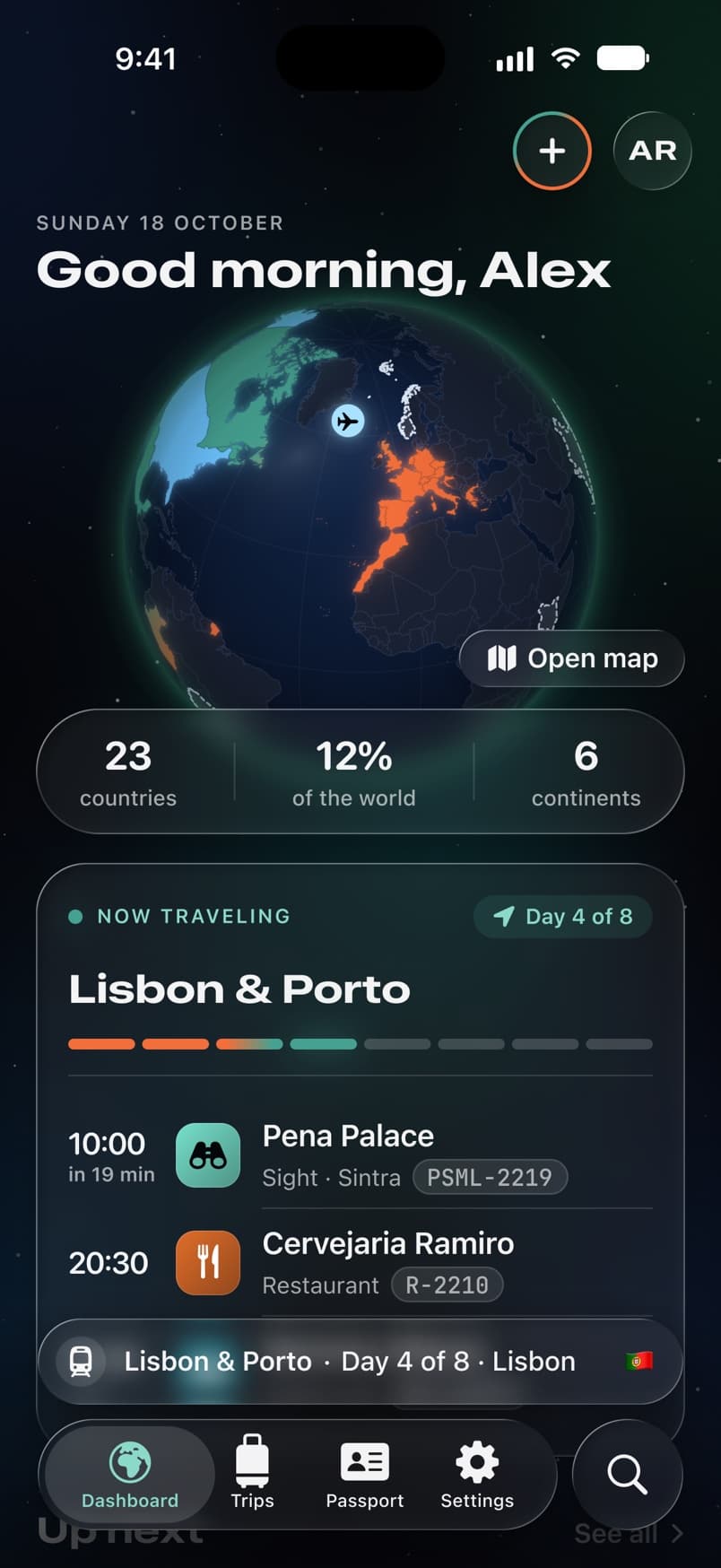 The Globepass Dashboard: the globe of your countries and your current trip