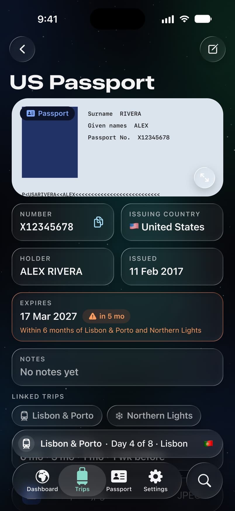 A passport in the document wallet, with its number and expiry date