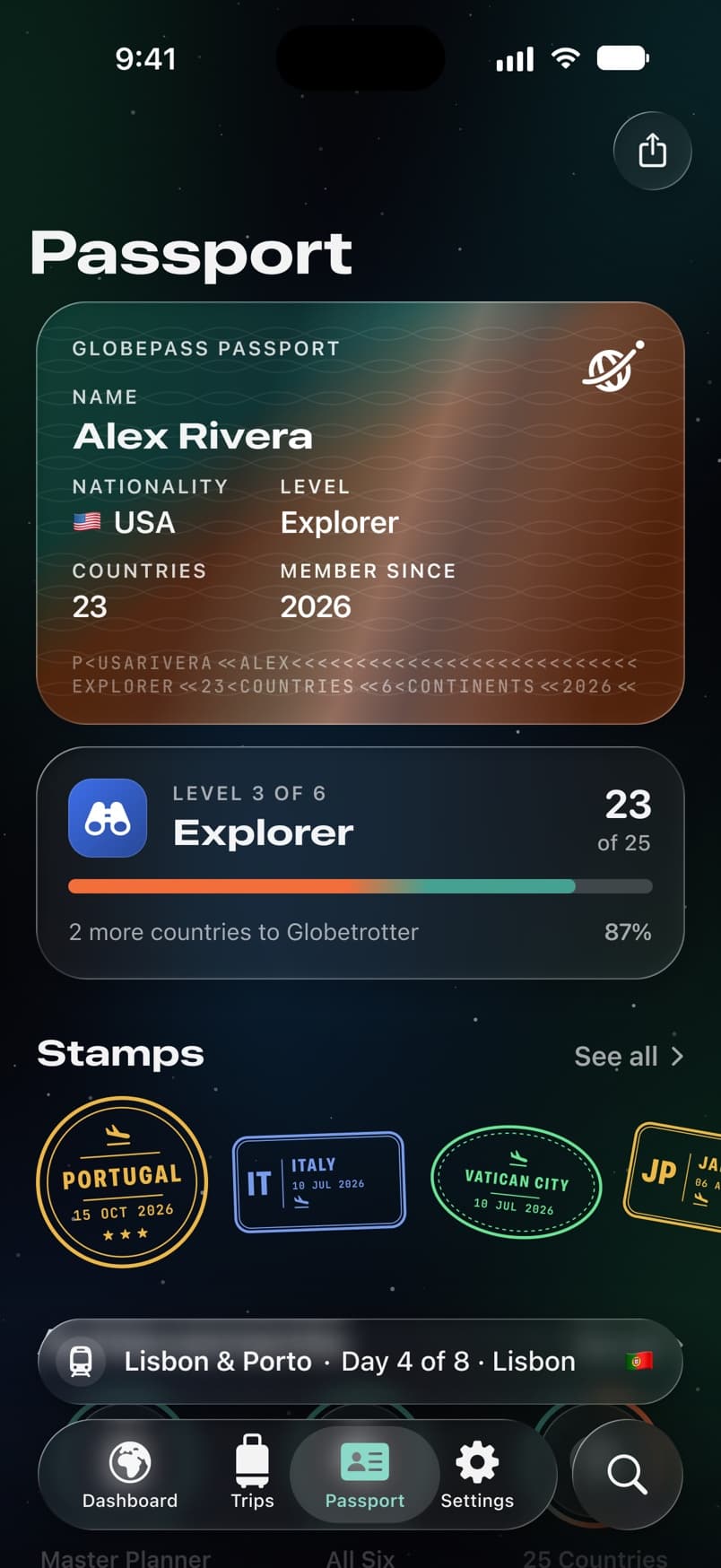 The Passport tab: your traveller card, level and passport stamps