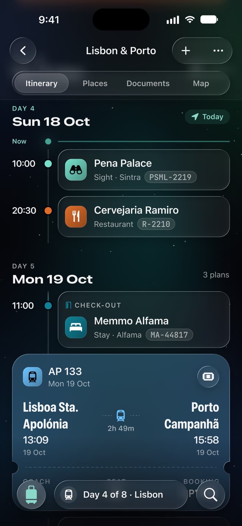 A trip's day-by-day itinerary with places and a train ticket